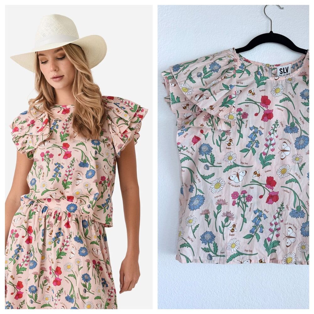 NWT Sur La Vague Women's Ruffle Sleeve Top in Pink Botanical Floral Print OS